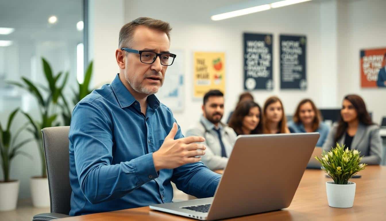 man in an office with a laptop, other people behind him - direct primary care services for small businesses
