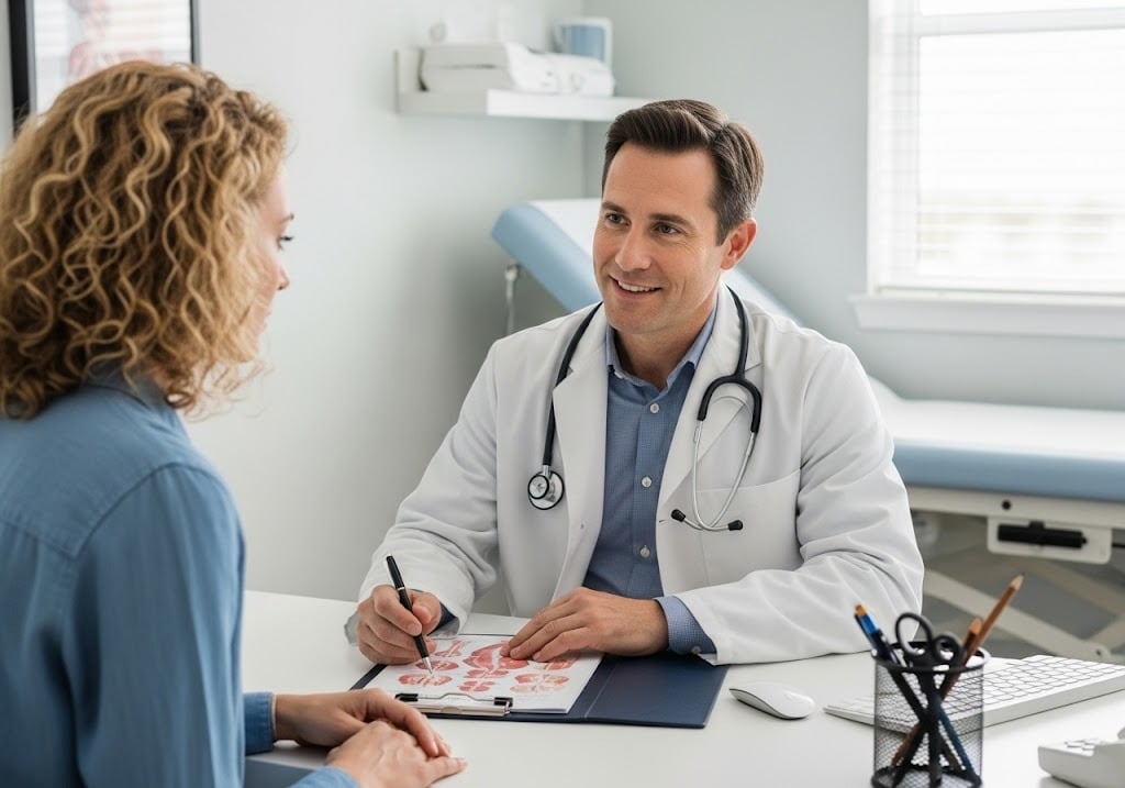 Doctor and patient discussing care options, illustrating the benefits of offering DPC as a benefit for your staff.