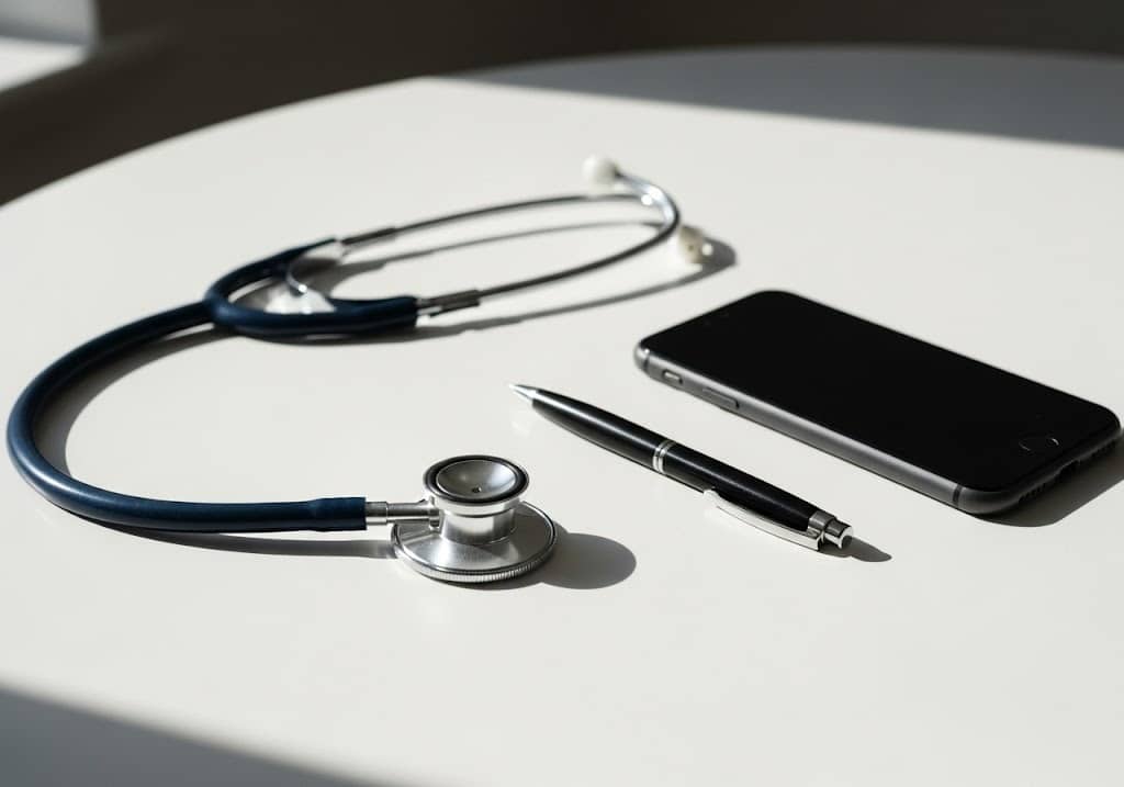 stethoscope, pen, and phone on table