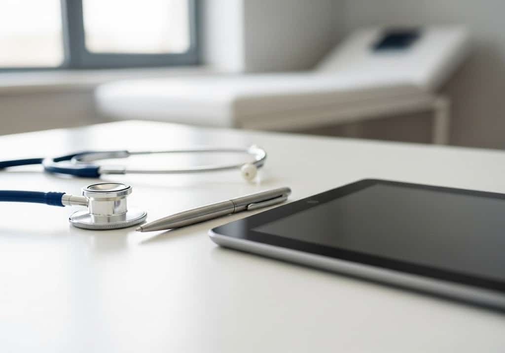 stethoscope and tablet on table