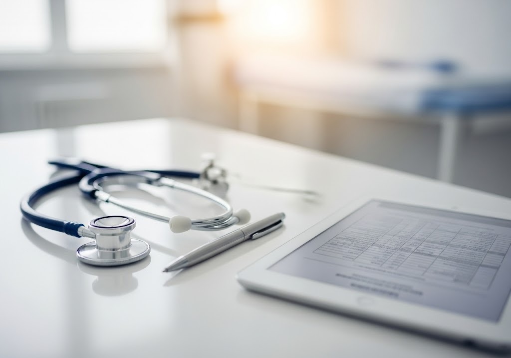 stethoscope and tablet on table