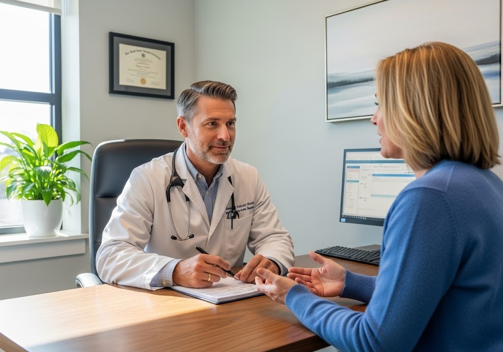 Doctor and patient in clinic discussing treatment, showing how DPC clinics personalize patient care through longer visits and stronger relationships.