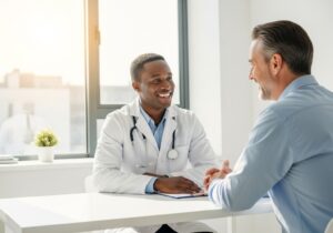Physician and patient in a Direct Primary Care clinic, focusing on whole-person wellness through open communication and individualized treatment.