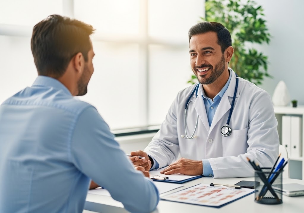 Doctor speaking with a patient during a consultation in a Direct Primary Care clinic, illustrating the whole-person wellness approach through attentive, personalized medical care in a comfortable setting.