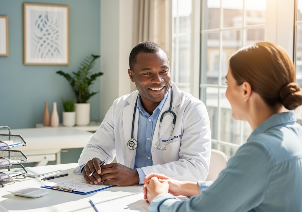 Clinic visit with doctor and patient