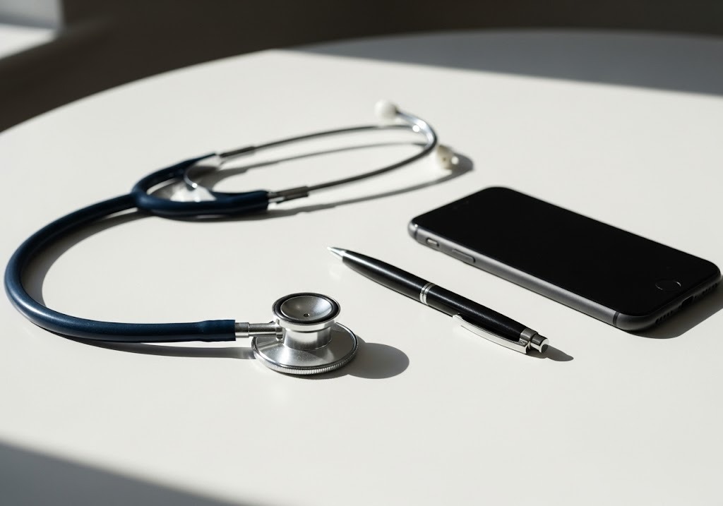 stethoscope, pen, and smartphone on table