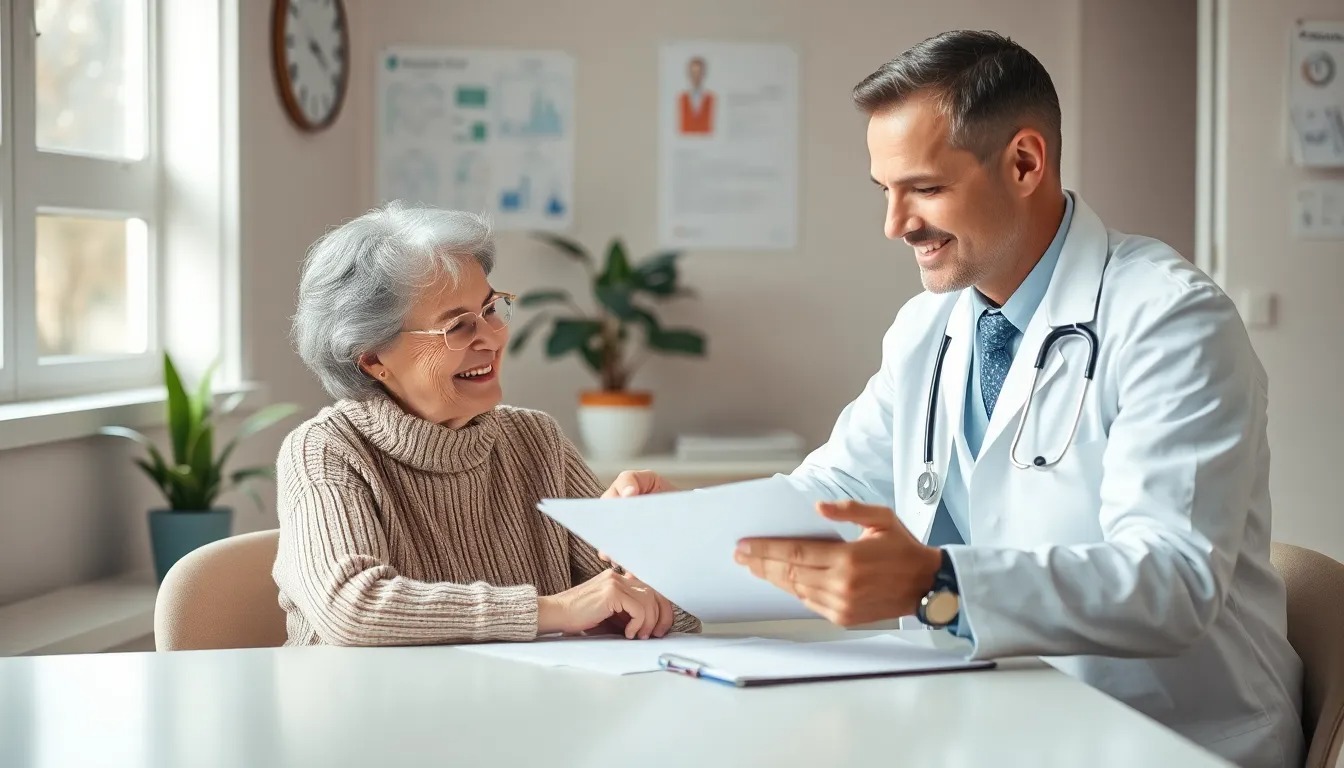 A smiling doctor in a white coat consults with a relaxed, elderly female patient in a bright clinic office, showcasing a positive DPC for seniors experience. They are sitting at a desk with a tablet displaying a medical diagram.