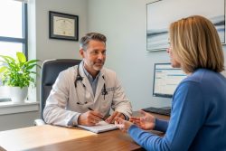 Doctor and patient in clinic discussing treatment, showing how DPC clinics personalize patient care through longer visits and stronger relationships.