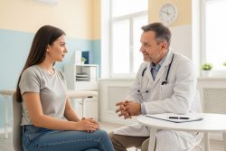 Doctor and patient in clinic, talking calmly, showing how DPC supports patients with anxiety or depression