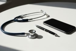stethoscope, pen, and smartphone on table