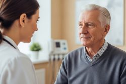 Veteran and doctor talking during a clinic visit, highlighting how DPC helps veterans receive personalized, accessible healthcare without insurance barriers.
